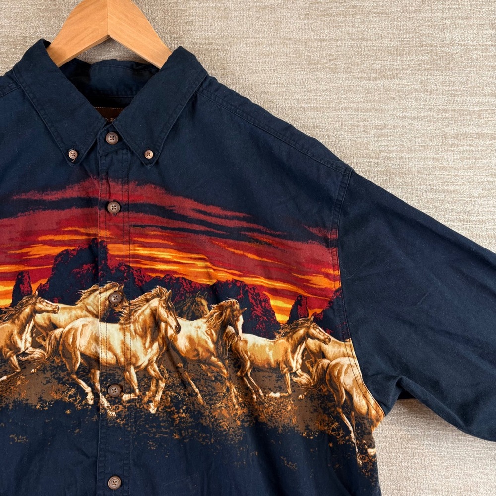 Bit & Bridle Western Style Sunset Pattern Horse Graphic Button Down Men XL Black